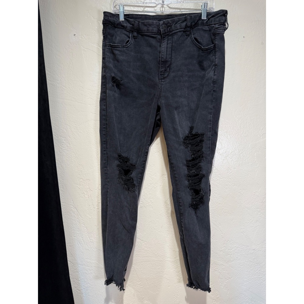 American Eagle Womens Distressed Skinny Jeans Black High Rise Raw Hem Size 16 Re